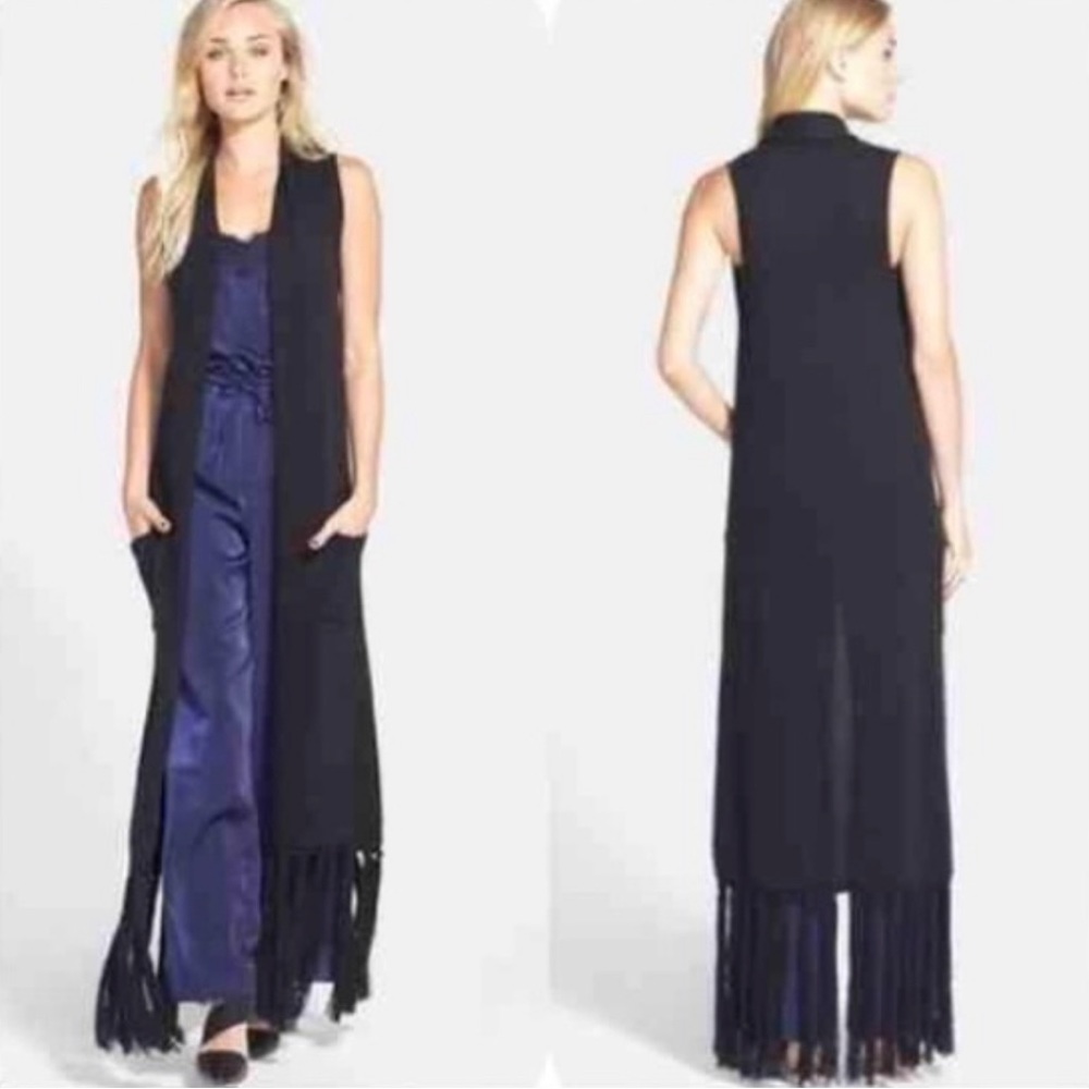 Leith long Black Fringe knit Cardigan Vest